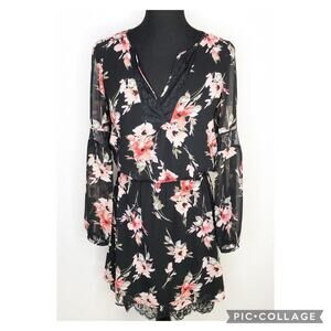 WHBM black pink floral sheer overlay lace trim dress size 2 feminine romantic